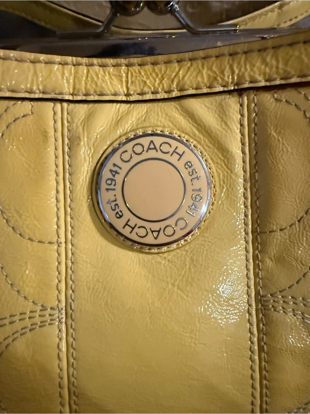 Coach Yellow Leather Signature Tote with Embossed Logo Circles